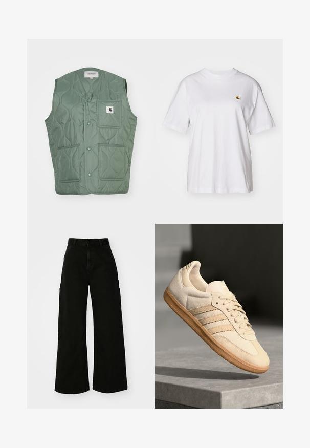 Prešívaná vesta v tlmenej zelenej farbe, so štýlovým výstrihom do V, patentkami, dvoma prednými vreckami a logom. Ľahký syntetický materiál.; Biely bavlnený tričko s voľným strihom, krátkymi rukávmi a malým vyšitým logom na ľavej strane hrude.; Čierne cargo nohavice s širokými nohavicami vyrobené z denimu, so zvýšeným pásom, predným zapínaním na gombík a bočnými vreckami. Hladký povrch s minimálnym šitím.; Svetlo béžová semišová teniska s gumovou podrážkou, tromi diagonálnymi pruhmi a textúrovaným špičkovým krytom. Obsahuje logo na jazyku a boku.