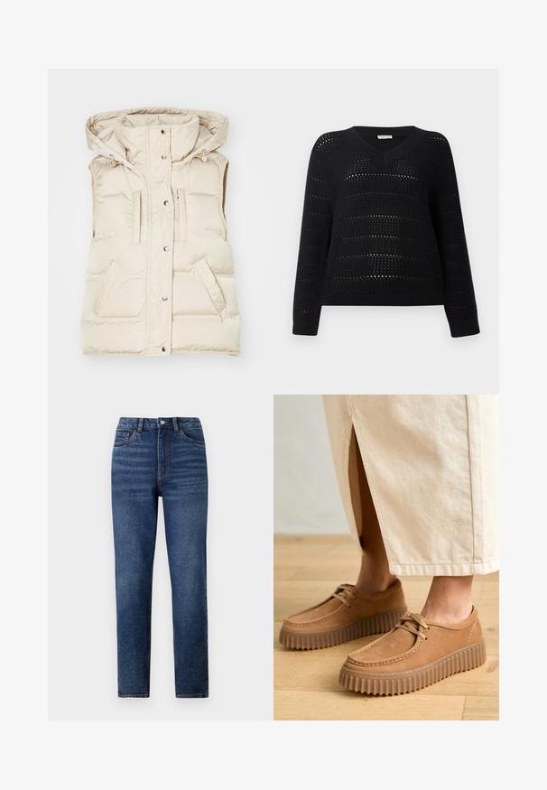 Chaleco acolchado beige con capucha, que presenta un cierre a presión en la parte delantera, dos bolsillos frontales y detalles cosidos en los bolsillos y los hombros. Textura suave.; TOM TAILOR DENIM V NECK - Jersey de punto - deep black; Jeans de mezclilla azul de cintura alta con pierna recta, que cuentan con un ligero desgaste, cierre de un botón y diseño de cinco bolsillos.; Zapatos de cuero marrón claro con una superficie texturada, puntera redonda y suelas gruesas y estriadas. Los cordones y los detalles de costura realzan el diseño.