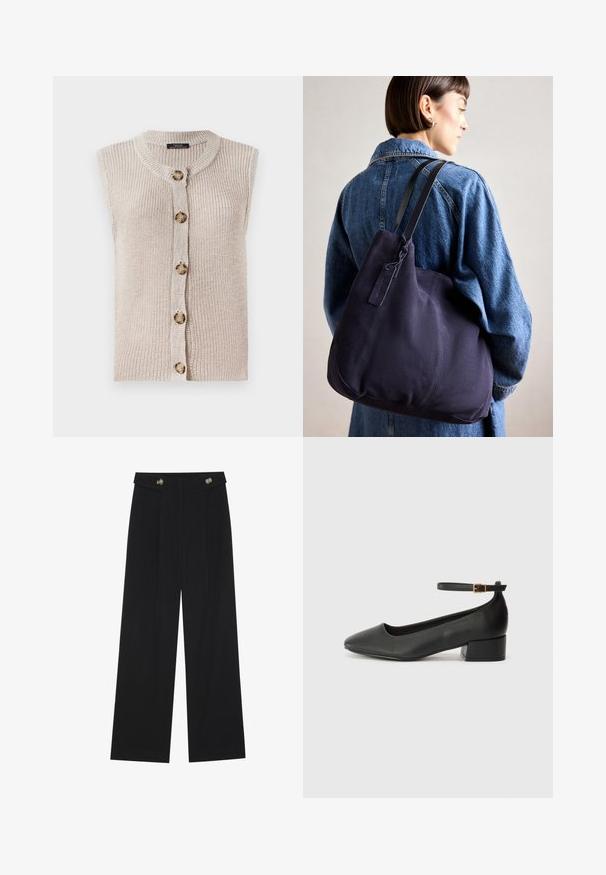 Beżowy kardigan bez rękawów z okrągłym dekoltem, zapinany na guziki, z teksturowanym materiałem i dużymi okrągłymi guzikami.; Biała koszulka z krótkim rękawem wykonana z miękkiej bawełny. Posiada okrągły dekolt i luźny krój. Czysty design bez widocznych wzorów czy akcentów.; Czarne szerokie spodnie z wysokim stanem, z detalami w postaci guzików na pasku oraz plisami z przodu.; Czarne skórzane szpilki z ostrym noskiem i niskim słupkowym obcasem. Wyposażone w pasek na kostkę z złotym zapięciem. Gładka tekstura.; Granatowa torba na ramię z płótna o miękkim, strukturalnym kształcie, z czarnym paskiem, przeszyciami i małą metką marki.