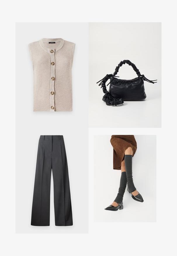 Bezruká béžová pletená kardigánka s okrúhlym výstrihom, predným zapínaním na gombíky a textúrovanou tkaninou s veľkými okrúhlymi gombíkmi.; Biela bezrukávová tielko vyrobené z rebrovanej látky, s okrúhlym výstrihom a priliehavým strihom, s minimálnymi švami a bez ozdôb.; Nohavice s širokými nohavicami z tmavošedej látky, s vysokým pásom, jedinými záhybmi a hladkou textúrou s čistým zakončením na lemoch.; Čierne lakované kožené topánky s špicatou špičkou, blokovým podpätkom a členkovým remienkom, ktoré sú kombinované so šedými rebrovanými legínami a hnedou zamšovou sukňou.; Čierna umelá kožená kabelka s kroko vzorom, sťahovaným vrchom a zhnutým popruhom. Vyzerá mäkko a kompaktné v dizajne.