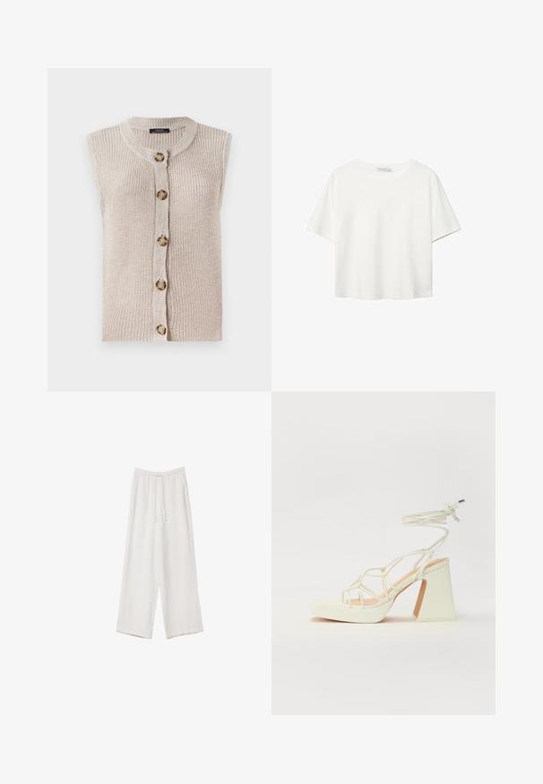 Ärmellose beiges Strick-Cardigan mit rundem Ausschnitt, Knopfverschluss vorne und strukturiertem Stoff mit großen runden Knöpfen.; Weißes T-Shirt mit kurzen Ärmeln aus Baumwolle. Hat einen Rundhalsausschnitt und eine lockere Passform. Glatte Textur ohne sichtbare Muster oder Akzente.; Weiße weit geschnittene Hose aus leichtem Stoff. Mit einem elastischen Bund und Kordelzug sowie Seitentaschen. Glatte Textur.; Weiße High-Heel-Sandale mit einem klobigen Absatz, die über ein Riemchendesign und ein Knöchelband verfügt. Glatte Textur mit einer Plattform vorne für zusätzliche Höhe.