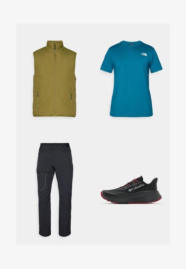 Olivgrüner, gestepptes West mit hohem Kragen, Frontreißverschluss und zwei seitlichen Taschen. Glatte Textur, minimalistisches Design, leichtes Material.; Türkises T-Shirt mit kurzen Ärmeln aus weicher Baumwolle, versehen mit einem weißen Logo auf der linken Brust und einem klassischen Rundhalsausschnitt.; Schwarze Outdoor-Hosen mit einem Reißverschlusstaschen an den Oberschenkeln, elastischem Bund und glattem, wasserabweisendem Stoff. Sauberes Design ohne sichtbare Logos.; Schwarzer Sportschuh mit strukturiertem Obermaterial, roten Schnürsenkeln und Logo. Dicke Sohle mit strukturiertem Profil für Traktion. Minimalistisches Design, Seitenansicht.