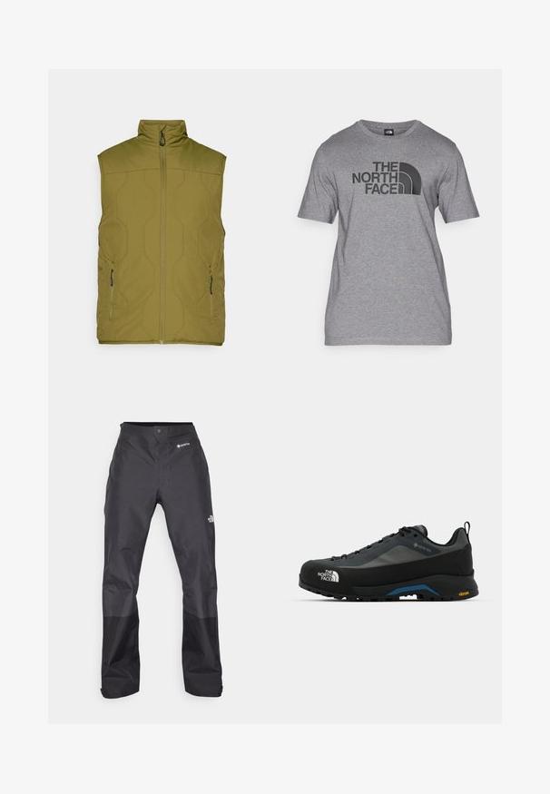Olivgrön, vadderad väst med hög krage, framdragkedja och två sidofickor. Slät textur, minimalistisk design, lättviktsmaterial.; Grå kortärmad t-shirt i bomullsblandning, med en svart grafisk tryck av "THE NORTH FACE" och en böjd logotypdetalj på framsidan.; Svarta vattentäta byxor med en slät yta, med en GORE-TEX-logotyp på framsidan och förstärkta nedre ben för ökad hållbarhet.; The North Face VERTO ALPINE GORE TEX - Hikingskor - asphalt grey/tnf black