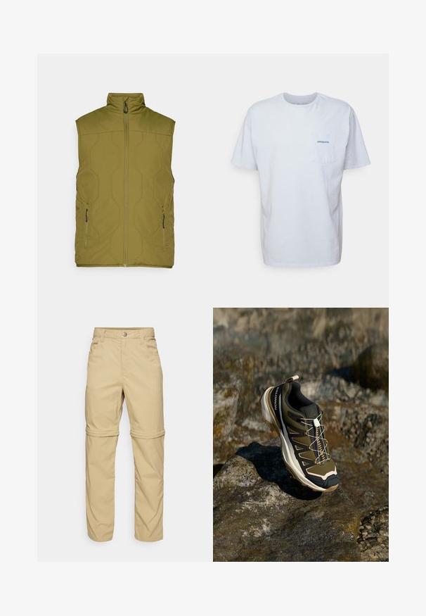 Olive green, quilted vest with high collar, front zipper, and two side pockets. Smooth texture, minimalistic design, lightweight fabric.; White cotton t-shirt with short sleeves, round neck, and a left chest pocket featuring a blue "Patagonia" logo. Classic fit with a smooth texture.; Beige zip-off pants with a smooth texture, featuring two side pockets, a button closure, and roll-up cuffs for versatility.; Hiking shoe in olive green and black with pink accents. Features a textured upper, flexible sole, reinforced toe cap, and colorful lacing system.