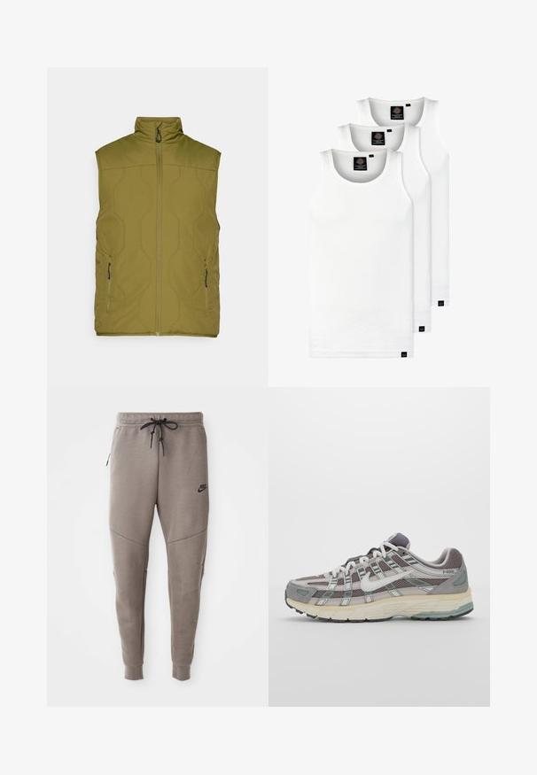 oliivroheline, tikanditega vest kõrge kraega, esisepp ja kaks küljetaskut. Sile tekstuur, minimalism, kerge kangas.; Kolm valget ribaga t-särki, mis on valmistatud puuvillast. Omavad ümmargust kaelanõhku ja väikseid musti silte hemme lähedal. Saadaval erinevates suurustes.; Hallide Nike dressipüksid, millel on nööriga vöökoht, kitsenevad sääred, küljetaskud ja eristuv õmbluse detail. Pehme, tekstureeritud kangas.; Hallus hallitus jalanõud, millel on võrgust ja sametist ülemine osa, valged rõhutused, pehme tald ning eristuv disain peegelduvate elementidega.