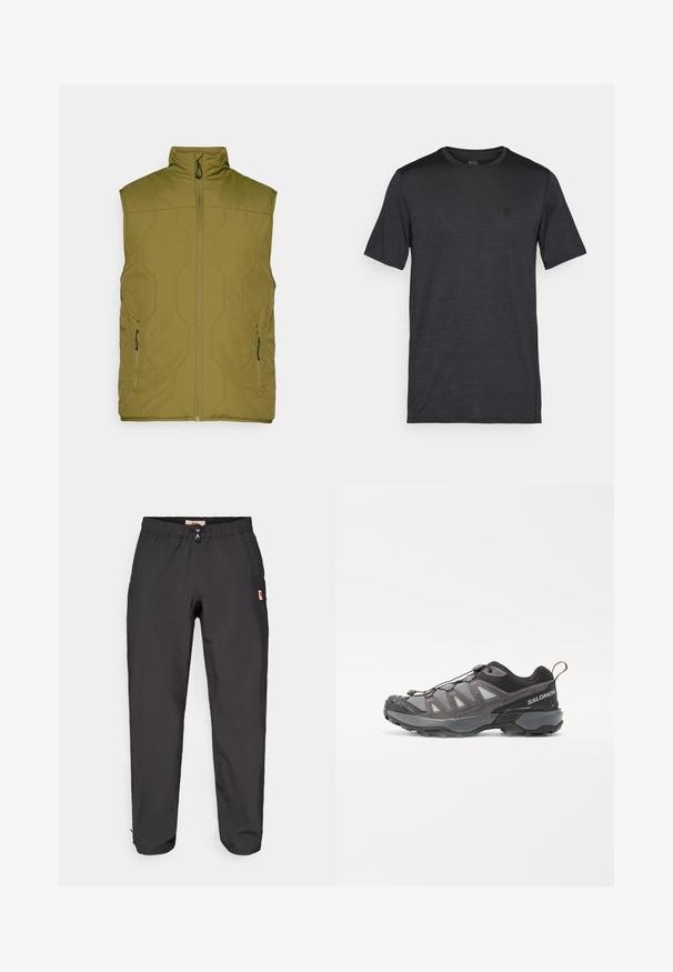 Olivgrüner, gestepptes West mit hohem Kragen, Frontreißverschluss und zwei seitlichen Taschen. Glatte Textur, minimalistisches Design, leichtes Material.; Schwarzes kurzärmeliges T-Shirt aus glattem, leichtem Material. Verfügt über einen runden Ausschnitt und ein gesticktes Logo auf der Brust.; Schwarze Outdoor-Hosen mit elastischem Bund und kleinem Logo-Patch am rechten Oberschenkel, vor einem weißen Hintergrund präsentiert.; Sportliche Schuhe mit einem schlanken Design, grauem synthetischem Obermaterial mit Netzpaneelen, schwarzen Akzenten und einer Gummisohle mit ausgeprägtem Profil.