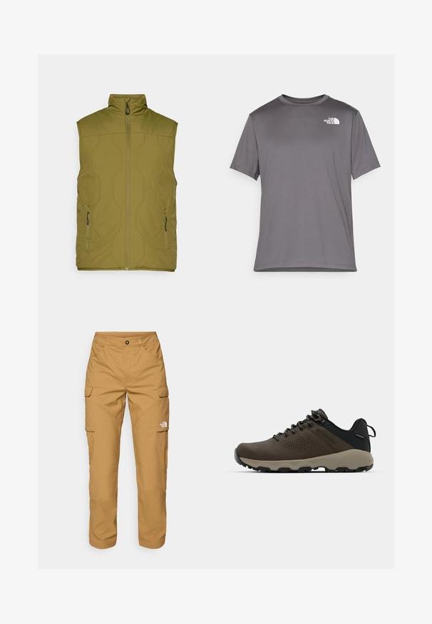 Olivovo zelená prešívaná vesta s vysokým golierom, predným zipsom a dvoma bočnými vreckami. Hladká textura, minimalistický dizajn, ľahký materiál.; Sivý športový tričko s krátkym rukávom vyrobené z hladkej, ľahkej tkaniny. Na ľavej časti hrude má biele logo. Dizajn s okrúhlym výstrihom.; The North Face EXPLORATION PANTS - Kapsáče - utility brown; Hnedé vodoodolné tenisky s textúrovaným zvrškom, perforovanými detailmi, čiernou oporou päty a šedou gumovou podrážkou. Šnúrky sú ozdobené kovovými koncami.