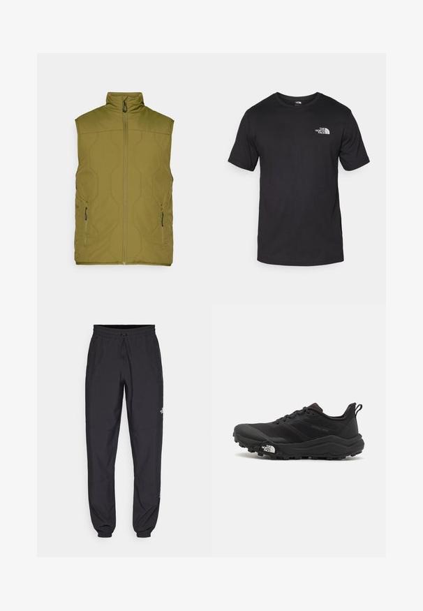 Maslinasto zelena, kviltana prsluk s visokim ovratnikom, prednjim patent zatvaračem i dva bočna džepa. Glatka tekstura, minimalistički dizajn, lagani materijal.; Crna majica kratkih rukava od pamuka, s okruglim izrezom i malim bijelim logotipom na gornjem lijevom dijelu prsnog koša.; Crne sportske hlače od lagane tkanine, s pojasom na vezanje, bočnim džepovima i suženim manžetama na gležnjevima.; Crne trail trkačke cipele s teksturiranim gornjim dijelom, gumeni potplat i ojačana zaštita za prste. Imaju podstavljen ovratnik i trakicu za lakše obuvanje.