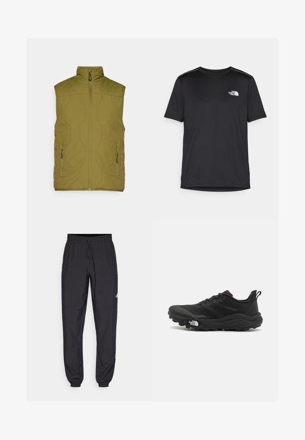 Olīvu zaļa, quilted veste ar augstu apkakli, priekšējo rāvējslēdzēju un divām sānu kabatām. Gluda tekstūra, minimālisma dizains, viegla auduma sastāvs.; Melnas īsām piedurknēm T-kreklas, izgatavots no viegla auduma. Uz kreisā krūtīm ir neliels balts logo un smalki plecu akcenti.; Melni sporta bikses, kas izgatavotas no viegla auduma, ar savelcamu jostu, sānu kabatām un sašaurinātiem apakšējiem galiem pie potītēm.; Melnas taku skriešanas kurpes ar teksturētu virsu, gumijas zoli un pastiprinātu pirkstu daļu. Aprīkotas ar mīkstu apkakli un vilkšanas cilpu, lai viegli uzvilktu.