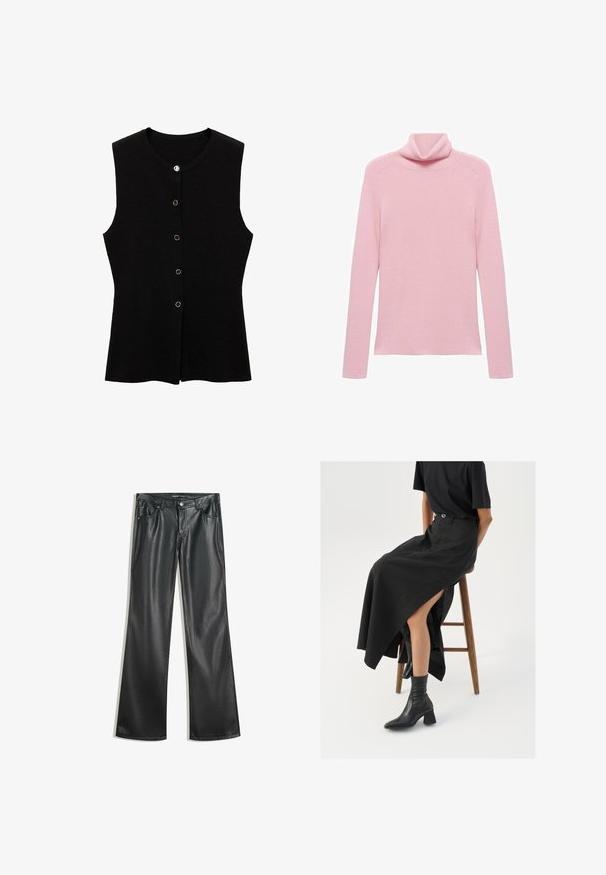 Schwarzes ärmelloses Oberteil aus strukturiertem Stoff, mit Rundhalsausschnitt und goldfarbigen Druckknöpfen auf der Vorderseite zum Verschließen.; Rosa langärmliger gerippter Pullover mit umgeschlagenem Rollkragen, flach auf einem weißen Hintergrund präsentiert.; Schwarze Kunstleder-Hose mit weitem Bein, glatter Textur, Fünf-Taschen-Design, Frontreißverschluss und kontrastierenden Nähten.; Schwarzer Leinen-Maxi-Rock mit hohem Schlitz, getragen mit einem schwarzen T-Shirt und schwarzen Knöchelstiefeln. Minimalistisches Design mit lockerer Passform.