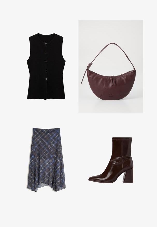 Schwarzes ärmelloses Oberteil aus strukturiertem Stoff, mit Rundhalsausschnitt und goldfarbigen Druckknöpfen auf der Vorderseite zum Verschließen.; Schwarz langärmliges Shirt mit weitem Ausschnitt, aus weichem Stoff gefertigt, mit einer taillierten Passform und minimalen Nähten.; Schwarzer Karorock mit blauen und braunen Linien, fließendes Design, knielang, aus leichtem Stoff mit glatter Textur.; Braune Lackleder-Stiefelette mit spitzem Zehenbereich, elastischem Knöchel und blockartigem Absatz. Elegantes Design mit glatter Textur.; Bordeauxfarbene Lederhandtasche mit geschwungenem Design, ausgestattet mit einem Reißverschluss, zwei Reißverschlussanhängern und einem kurzen Schultergurt. Details umfassen ein geprägtes Logo.