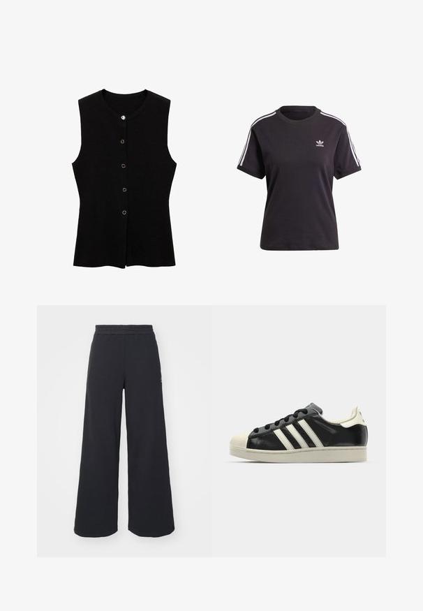 Musta hihaton toppi, joka on valmistettu teksturoidusta kankaasta ja jossa on pyöreä pääntie sekä kultasävyiset nappisuljenta etupuolella.; Musta puuvillainen lyhythihainen t-paita pyöreällä kauluksella, jossa on valkoiset raidat olkapäillä ja pieni valkoinen Adidas-logo rinnassa.; Mustat leveät collegehousut, jotka on valmistettu pehmeästä kankaasta. Niissä on elastinen vyötärö ja pieni logo vasemmalla puolella.; Musta nahkasneakeri, jossa on valkoiset raidat, kuminen varvassuoja, mustat nauhat ja kermaisa ulkopohja. Suora pinta ja kiiltävä viimeistely.