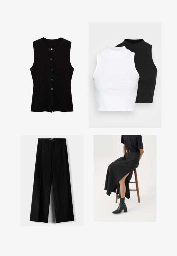 Schwarzes ärmelloses Oberteil aus strukturiertem Stoff, mit Rundhalsausschnitt und goldfarbigen Druckknöpfen auf der Vorderseite zum Verschließen.; Zwei ärmellose, gerippte Rollkragenoberteile in Schwarz und Weiß, mit einer figurbetonten Passform und glatter Textur sowie einer cropped Länge.; Schwarze weite Hosen aus leichtem Stoff, mit einem Knopfverschluss vorne und flachem Bund, mit sorgfältig genähten Säumen.; Schwarzer Leinen-Maxi-Rock mit hohem Schlitz, getragen mit einem schwarzen T-Shirt und schwarzen Knöchelstiefeln. Minimalistisches Design mit lockerer Passform.