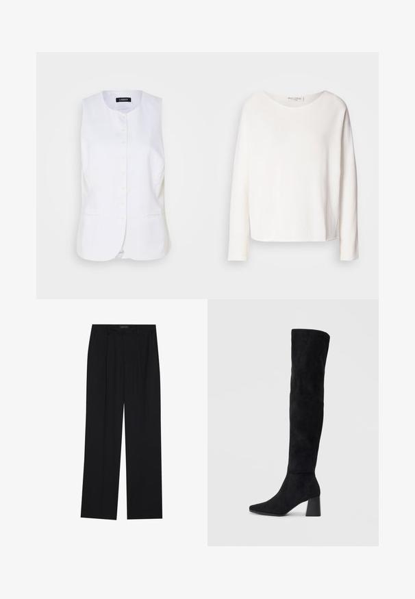Bielizňový ľanový vest s okrúhlym výstrihom, predným zapínaním na gombíky a bočnými vreckami. Strih s prispôsobeným fitom, hladká textúra a minimalistický dizajn.; Dlhý rukáv, top s okrúhlym výstrihom z jemného, ľahkého bieleho materiálu s voľným strihom. Obsahuje čistý lem a žiadne viditeľné hardvérové prvky.; Čierne nohavice so strihom rovného nohu, s dvoma prednými vreckami a pásom. Vyrobené z hladkej, ľahkej textílie.; Čierna semišová kozačka po kolená s blokovým podpätkom, špicatou špičkou a hladkým, bezšvovým dizajnom na jednoduchom svetlom pozadí.