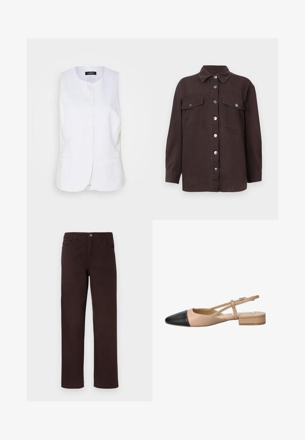 White linen vest with a round neckline, front button closure, and side pockets. Tailored fit with a smooth texture and minimal design.; Dark brown shirt jacket made of cotton, featuring a collar, front button closure, two chest pockets, and silver buttons. Long sleeves.; Brown cotton pants with a straight-leg design, two front pockets, and a button closure at the waistband. Smooth texture with no visible patterns.; Beige and black two-tone slingback shoe with a pointed toe, flat heel, and crisscross strap detail. Smooth leather texture.