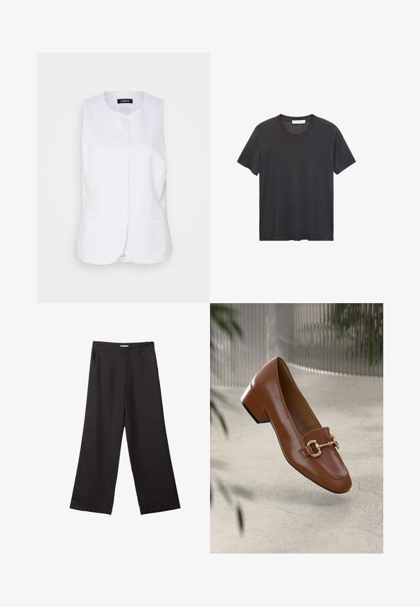 Bijela lanena prsluk s okruglim izrezom, prednjim kopčanjem na gumbe i bočnim džepovima. Prilagođen kroj s glatkom teksturom i minimalnim dizajnom.; Crna majica s okruglim izrezom napravljena od mekanog pamuka. Kratki rukavi, opušteni kroj i ravni rub bez ukrasnih elemenata ili uzoraka.; Crne hlače širokog kroja izrađene od glatkog materijala, s prednjim patentnim zatvaračem i dva bočna džepa, s prilagođenim fitom i minimalističkim dizajnom.; Smeđi lakirani loafer s kvadratnim vrhom, metalnim lancem kao naglaskom i niskom blok petom; glatka tekstura, minimalistički dizajn.