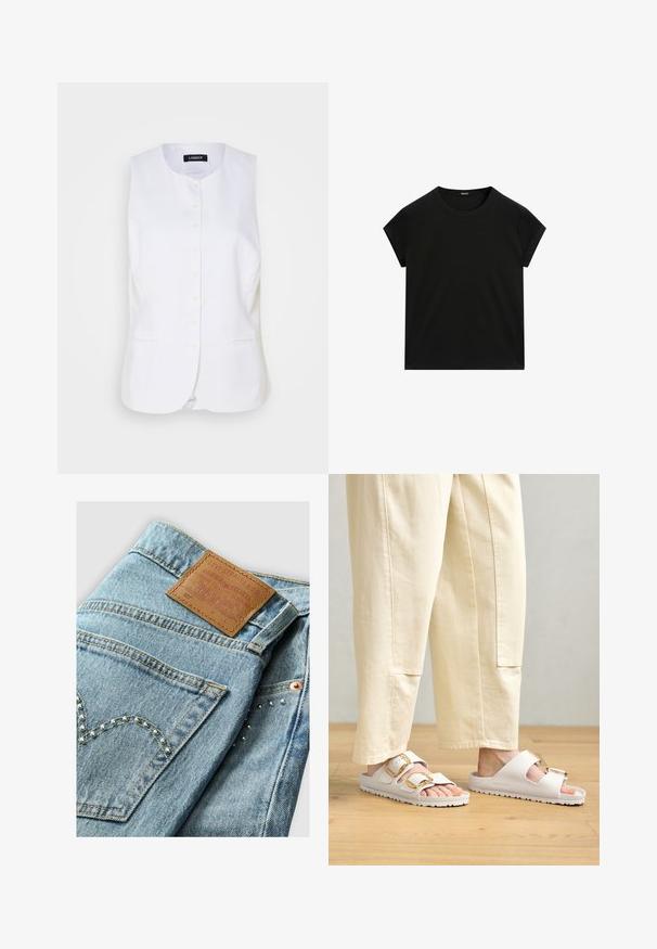 Vit linneväst med rund halsringning, knäppning fram och sidofickor. Skärpassform med en mjuk struktur och minimal design.; Svart kortärmad t-shirt med rund halsringning och rak fåll, visad liggande på en vit bakgrund.; Levi's® CROP - Jeans straight leg - hidden happiness; Vita tvåremmade sandaler i mjukt material, med guldspännen och en strukturerad sula. Bärs med lösa krämfärgade byxor.