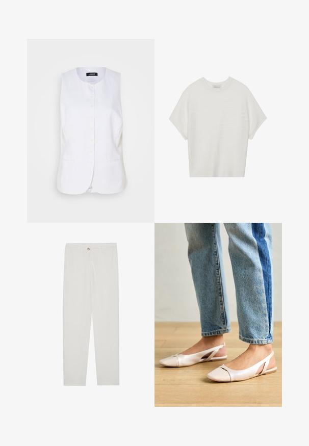 Valge linane vest ümmarguse kaelusega, esise nööpide kinnitusega ja küljetaskutega. Toodetud sobiva lõikega, millel on sile tekstuur ja minimaalne disain.; Valge lühikeste varrukatega T-särk laia ümaraha kaelusega ja tekstureeritud ribapatterniga, pehmest kangast, lõdva istuvuse ja puhta disainiga.; Valged kohandatud püksid sirge lõikega, varustatud nupuga kinnitusega, vöödega ja küljetaskutega; sile kangatekstuur.; Kahvatu roosa slingback lapikute jalatsite paar, millel on terav varvas, valmistatud siledast nahataolisest materjalist. Omab külgedel lõikekohti ja lapikut kontsa.