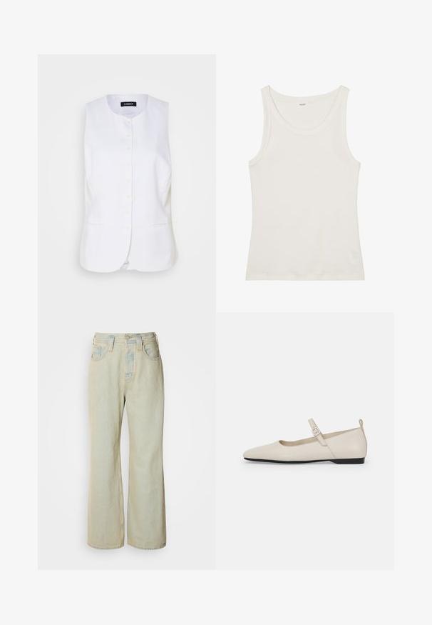 Gilet en lin blanc avec un col rond, fermeture à boutons sur le devant et poches latérales. Coupe ajustée avec une texture lisse et un design minimal.; Débardeur en coton blanc avec un col large et de fines bretelles. Texture lisse sans motifs ni embellissements visibles.; Jean large bleu clair en denim, avec une taille haute, cinq poches, et un léger délavage avec des accents de couture contrastante.; Ballerines blanches en cuir avec un bout pointu, une boucle sur le côté et un petit talon noir. Texture lisse et design minimaliste.