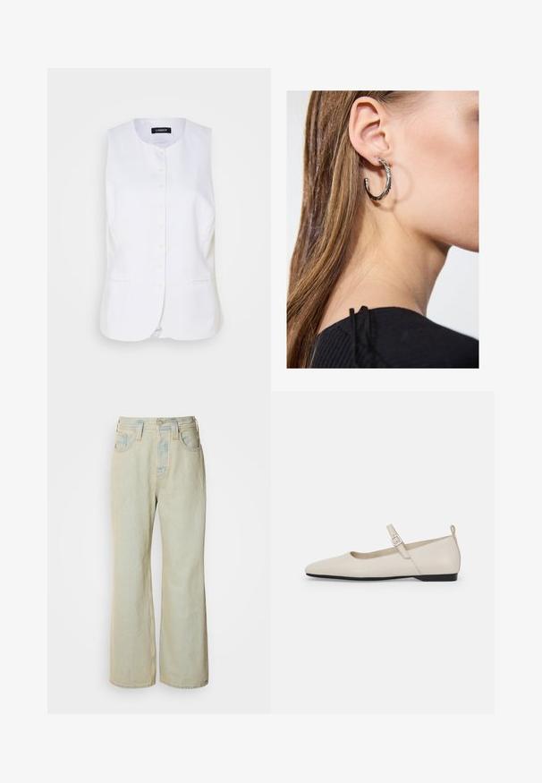 Hvid linned vest med rund halsudskæring, forreste knaplukning og sidelommer. Skræddersyet pasform med en glat tekstur og et minimalistisk design.; Hvid bomulds tanktop med en bred halsudskæring og tynde skulderstropper. Glat tekstur uden synlige mønstre eller udsmykninger.; Lysblå, brede bukser i denim med høj talje, fem lommer og diskret falmning med kontraststikninger.; Hvide læder Mary Jane flade sko med spids tå, sidelukning og lav sort hæl. Glat overflade og minimalistisk design.; Sølv hoop ørestik med en poleret overflade, prydet med små guld accenter og en rund form, båret på øreflippen.