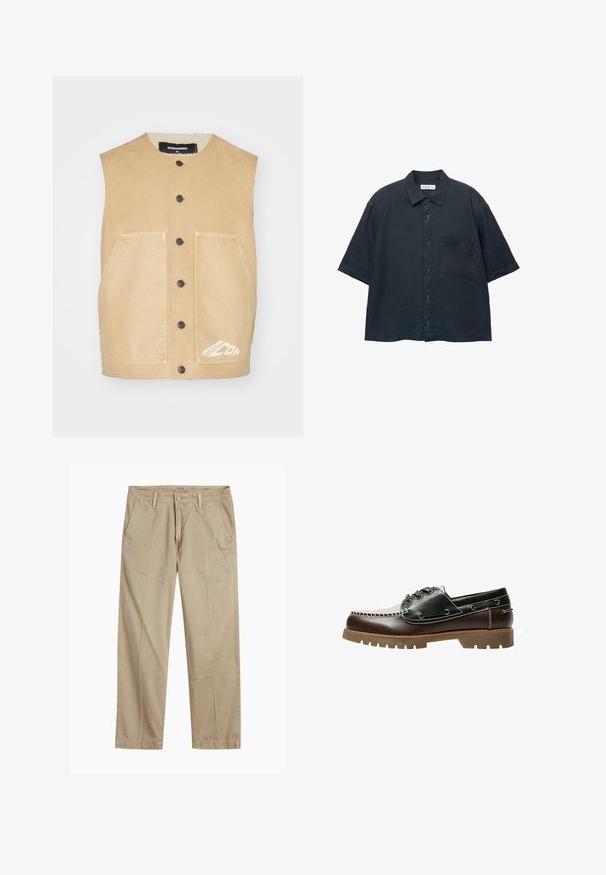 Khaki liivikaelusega vest ilma varrukateta, esine nööpide sulgemisega, kahe suure taskuga ja valge logo detailiga allääres. Pehme tekstuuriga kangas.; Tummansininen lyhythihainen nappipaita, joka on valmistettu kevyestä kankaasta. Paidassa on rintatasku ja klassinen kaulusk design.; Beige suorat lahkeet chinosit vyölenkkeillä, etupainike- ja vetskarikiinnitys sekä viistot etutaskut.; Ruskea ja musta nahkainen purjevenekenkä nauhoituksella, kontrastipistelyllä ja teksturoidulla kumipohjalla. Ominaisuuksiin kuuluu metalliset reiät ja pyöreä kärki.