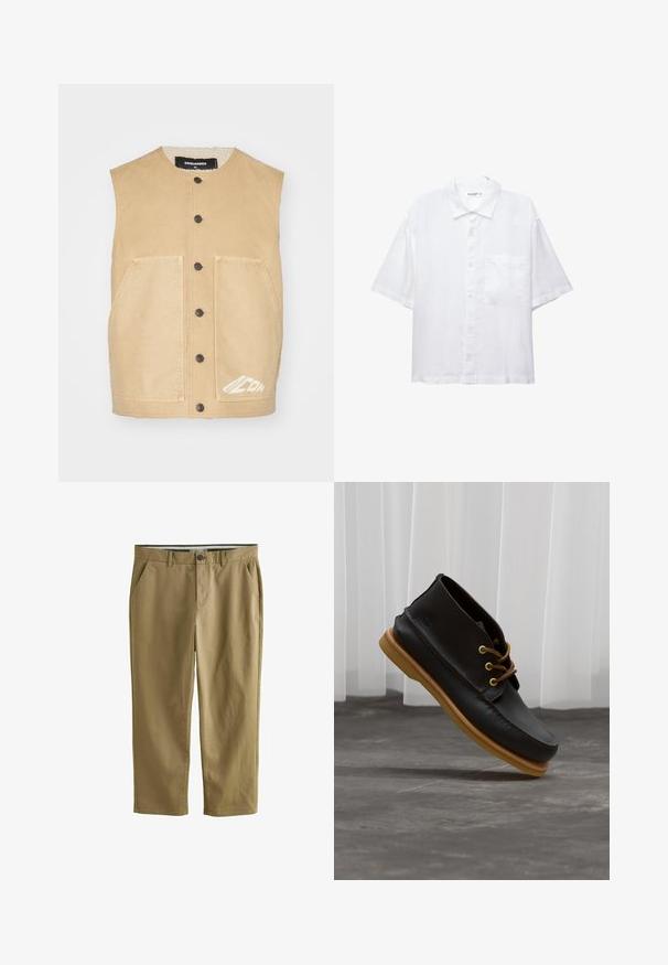 Khaki ärmellose Weste mit rundem Ausschnitt, vorderer Knopfleiste, zwei großen Taschen und weißen Logo-Details am Saum. Weicher Stoff.; Weißes Kurzarmhemd mit Knopfleiste, Kragen und einer Brusttasche. Aus leichtem Stoff mit glatter Textur gefertigt.; Khakifarbene Chinos aus Baumwollmischung, mit zwei Seitentaschen, einem Knopfverschluss, geradem Bein und glatter Textur.; Schwarze Lederschuhe mit glatter Oberfläche, runder Zehenform, braunen Schnürsenkeln und hellbraunen Gummisohlen. Logo an der Seite geprägt.