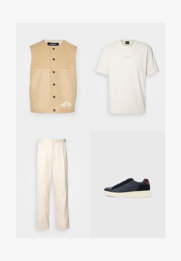 Kahvatuvõtmega ilma varrukateta vest ümarate kraega, ees nupuga sulgemine, kaks suurt taskut ja valge logodetail hemme ääres. Pehme tekstuuriga kangas.; BOSS TEE - Lihtne T-särk - open white; Beesidised puuvillased püksid sirge jala lõikega, mis on varustatud nööpkinnituse ja ees olevate voltidega, et lisada detaili.; Madala stiilis meeste toss mustast nahast ja seemisnahast, marooni värvi kanna detailiga ja valge kummist tallaga, vaatega välisküljelt.