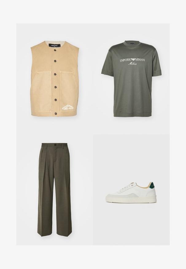 Chaleco sin mangas color caqui con cuello redondo, cierre frontal de botones, dos grandes bolsillos y detalle de logo blanco en el dobladillo. Tejido de textura suave.; Camiseta de algodón verde oscuro con cuello redondo, con un logo blanco que dice "EMPORIO ARMANI Milano" en el pecho. Mangas cortas.; Filippa K WIDE TROUSERS - Pantalones - driftwood; Zapatilla blanca con acentos de ante, puntera redondeada, cordones planos y suela de goma color crema. Presenta un logo verde en el talón.
