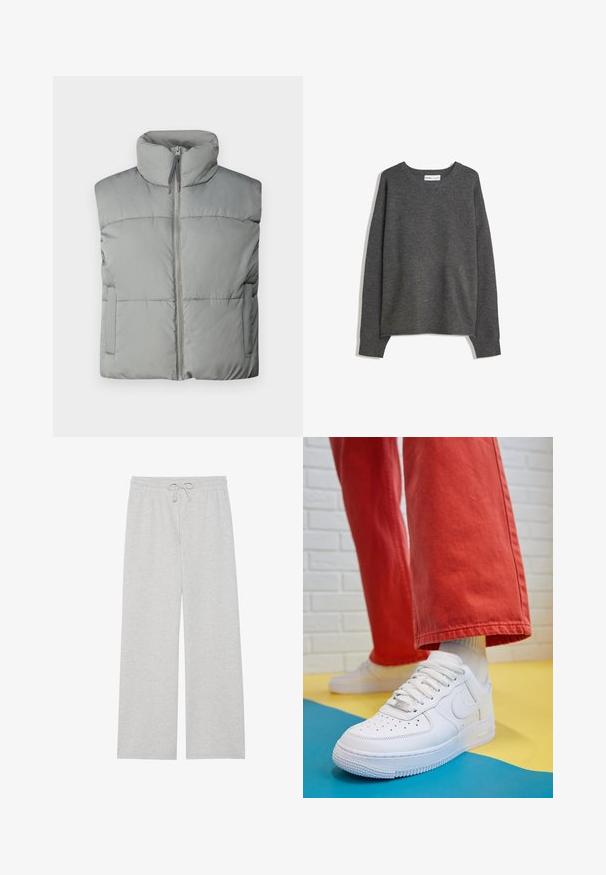 Graue Daunenweste mit hohem Kragen, Frontreißverschluss und horizontalem Steppmuster. Inklusive Seitentaschen und weicher Textur.; Grauer Strickpullover mit weitem Ausschnitt, langen Ärmeln und gerippten Bündchen. Der Stoff wirkt weich mit einer leichten Textur und bequemer Passform.; Hellgraue Jogginghose aus weichem Baumwoll-Mix, mit weitem Beinschnitt, elastischem Bund und verstellbarem Kordelzug, sowie ohne Taschen.; Weiße Leder-Sneaker mit perforiertem Zehenbereich, strukturiertem Sohlen und weißen Schnürsenkeln, kombiniert mit weiten roten Hosen und einem blauen und gelben Hintergrund.