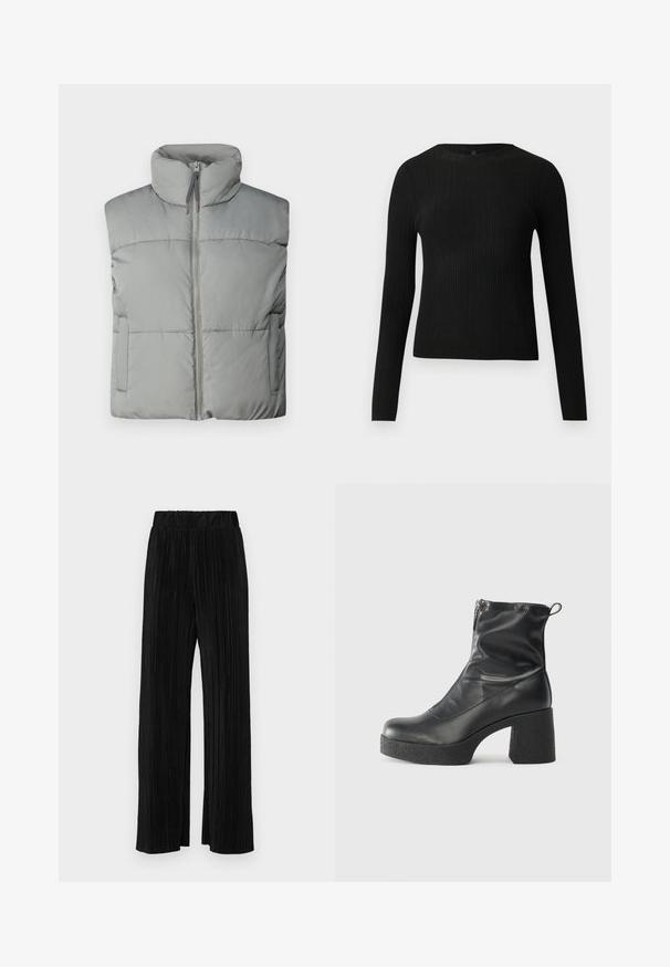 Sivkasta napihano telovnik z visokim ovratnikom, sprednjim zadrgo in horizontalnim prešitjem. Vključuje stranske žepe in mehko teksturo.; Črna rebrasta dolgosleeve prilegnjena pulover s krožnim ovratnikom, prikazan na enostavni svetli podlagi.; Črne plisirane hlače z elastičnim pasom. Imajo široke noge in gladko, teksturirano tkanino z navpičnimi črtami.; Črne gležnjarje iz gladke kože z božnim zadrgo, masivnim teksturiranim peto in zaobljeno obliko prstov.