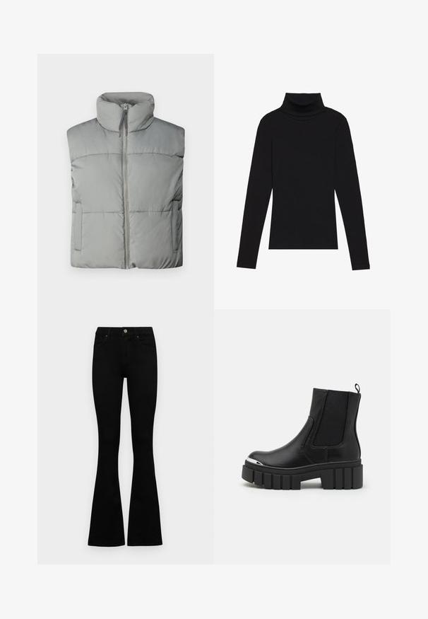 Chaleco acolchado gris con cuello alto, cierre frontal de cremallera y diseño acolchado horizontal. Incluye bolsillos laterales y una textura suave.; Top de manga larga de cuello alto negro, hecho de tela de canalé, presenta un diseño ajustado con un cuello alto y sin patrones ni acentos.; Jeans negros de cintura alta con cierre de botón y cremallera, bolsillos frontales y piernas acampanadas, dispuestos sobre un fondo blanco.; Botas negras de tobillo hechas de piel suave con paneles elásticos, una suela gruesa tipo plataforma y una puntera metálica.