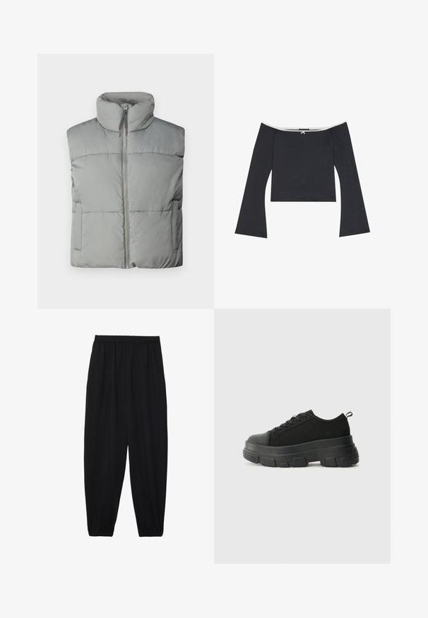 Vest puf gri cu guler înalt, închidere prin fermoar anterior și design cu quilturi orizontale. Include buzunare laterale și textură moale.; Top scurt negru, cu umeri decupați, care prezintă mâneci lungi în clopot, o textură fină și o dantelă albă pe guler. Spatele are un detaliu decorativ sub formă de nod.; Pantaloni negri, ușori, cu un brâu elastic și tivuri strânse. Materialul este neted și are un design relaxat, conic.; Adidași negri cu talpă groasă din cauciuc, superior din material texturat, bot rotund și design cu șireturi. Include gauri întărite pentru șireturi și o buclă pe spate.