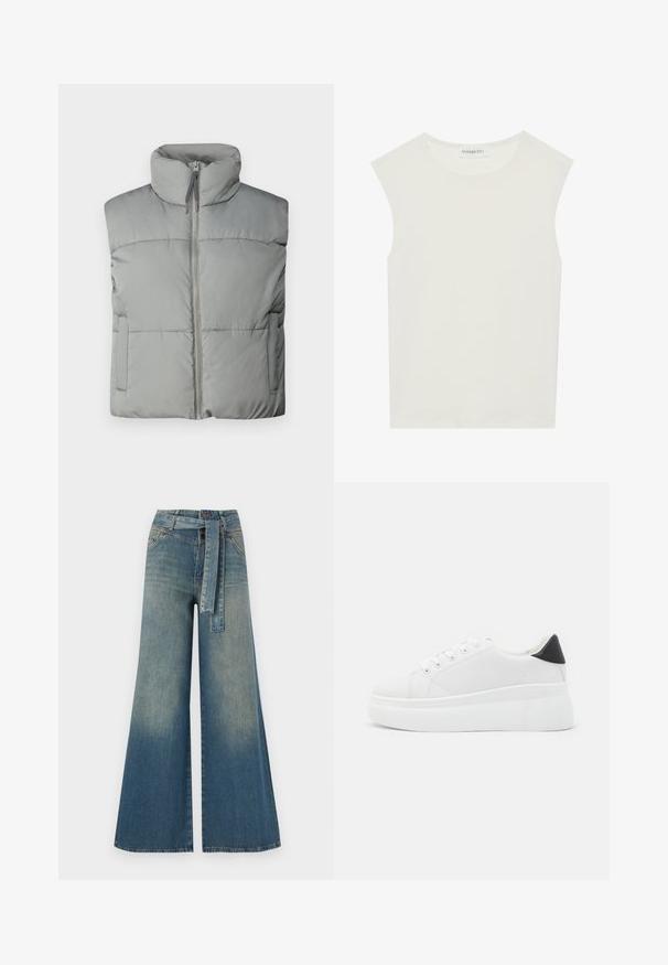 Pilkas pūkinis liemuo su aukštu apykakle, priekinio užtrauktuko uždarymu ir horizontaliu siuvinėjimu. Įskaičiuotos šoninės kišenės ir minkšta tekstūra.; Balta be rankovių palaidinė su apvaliu kaklu. Pagaminta iš lygios medžiagos, ji turi laisvą siluetą ir minimalistinį dizainą. Be raštų ar akcentų.; Platus džinsinis kelnes su šviesiai tamsiai mėlynu gradientu, aukštu juosmeniu, diržo kilpomis ir atitinkančiu audinio diržu. Textūruotas džinsinis paviršius.; Balti platforminiai sportbačiai, pagaminti iš lygios sintetinio audinio, su apvaliu pirštu, raištelių užsegimu ir tekstūruota guma padanga. Juodas kulno akcentas.