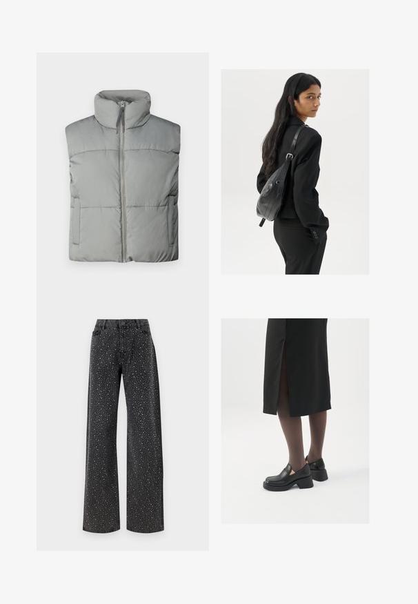 Graue Daunenweste mit hohem Kragen, Frontreißverschluss und horizontalem Steppmuster. Inklusive Seitentaschen und weicher Textur.; Schwarzes Langarmoberteil mit gerippter Struktur, ausgestattet mit einem weißen Rundhalsausschnitt und Bündchen. Das Design ist tailliert und endet an der Taille.; Noisy May NMJANNEL LOOSE - Jeans Relaxed Fit - black denim; Schwarze Lederschuhe mit abgerundetem Zeh, dicker Blockabsatz und elastischen seitlichen Akzenten, kombiniert mit dunklen Strumpfhosen und einem schwarzen Rock mit Schlitz.; Frau mit langen dunklen Haaren, die einen schwarzen Anzug trägt und eine schwarze Lederschultertasche hält, schaut über ihre Schulter vor einem weißen Hintergrund.; Silberne Creolen mit minimalistischem Design. Rundform, glatte Oberfläche und dünnes Profil. Leichtgewichtig mit hochglänzender Oberfläche.