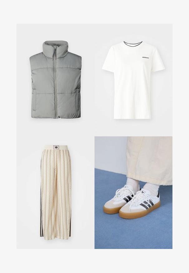 Graue Daunenweste mit hohem Kragen, Frontreißverschluss und horizontalem Steppmuster. Inklusive Seitentaschen und weicher Textur.; Weißes Baumwoll-T-Shirt mit kurzen Ärmeln und rundem Halsausschnitt. Mit einem schwarzen Adidas-Logo auf der Brust und einem kontrastierenden schwarzen Innenkragen.; Cremfarbene, weit geschnittene Hosen mit einem Zickzackmuster, ausgestattet mit einem schwarzen Logo-Bund und seitlichen schwarzen Streifen. Leichter, strukturierter Stoff.; Weiße Sneaker mit schwarzen Streifen und beigen Wildlederakzenten. Besitzen eine strukturierte Gummisohle und flache weiße Schnürsenkel, getragen mit hellen Socken.