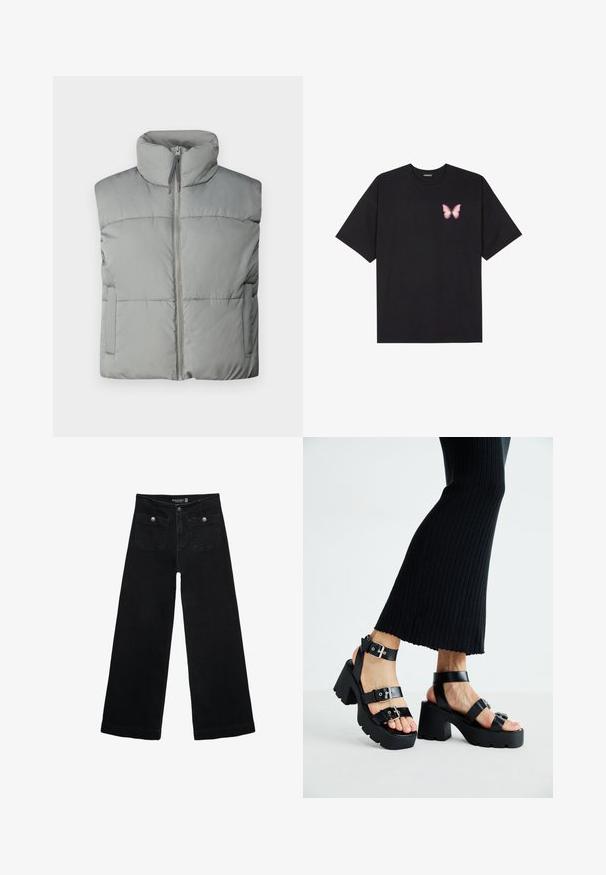 Šedá péřová vesta s vysokým límcem, předním zipovým zapínáním a vodorovným prošíváním. Obsahuje boční kapsy a měkkou texturu.; Černé bavlněné tričko s krátkým rukávem, na levém prsou s malou grafikou růžové motýlky. Design s kruhovým výstřihem a volným střihem.; Černé široké džíny s vysokým pasem, obsahující dvě přední kapsy a kovové knoflíkové detaily. Látka má hladkou texturu.; Černé platformové sandály s robustními podrážkami a několika řemínky, s kovovými sponami a hladkým koženkovým povrchem.