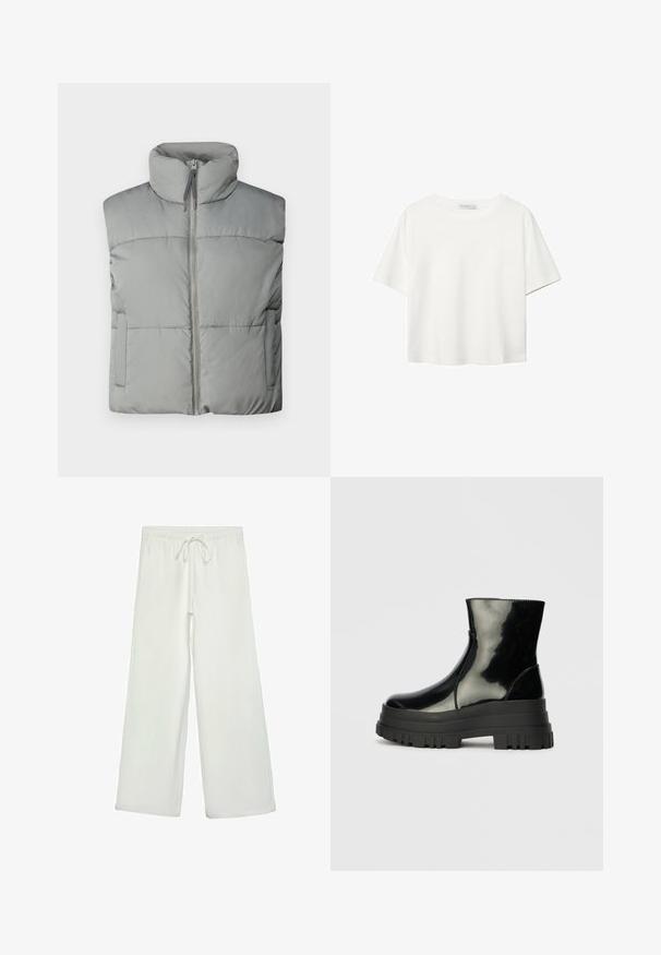 Szary kamizelka puchowa z wysokim kołnierzem, zapięciem na zamek błyskawiczny z przodu i poziomym pikowaniem. Zawiera boczne kieszenie i miękką teksturę.; Biała koszulka z krótkim rękawem, wykonana z bawełny. Posiada okrągły dekolt i luźny krój. Gładka faktura bez widocznych wzorów czy akcentów.; Białe spodnie o szerokich nogawkach wykonane z miękkiego materiału. Posiadają elastyczny pas ze sznurkiem i gładką teksturę. Brak widocznych wzorów lub elementów metalowych.; Czarne błyszczące botki sięgające kostki z grubą podeszwą i zaokrąglonym czubkiem, widok z boku na jednolity jasnoszary tle.