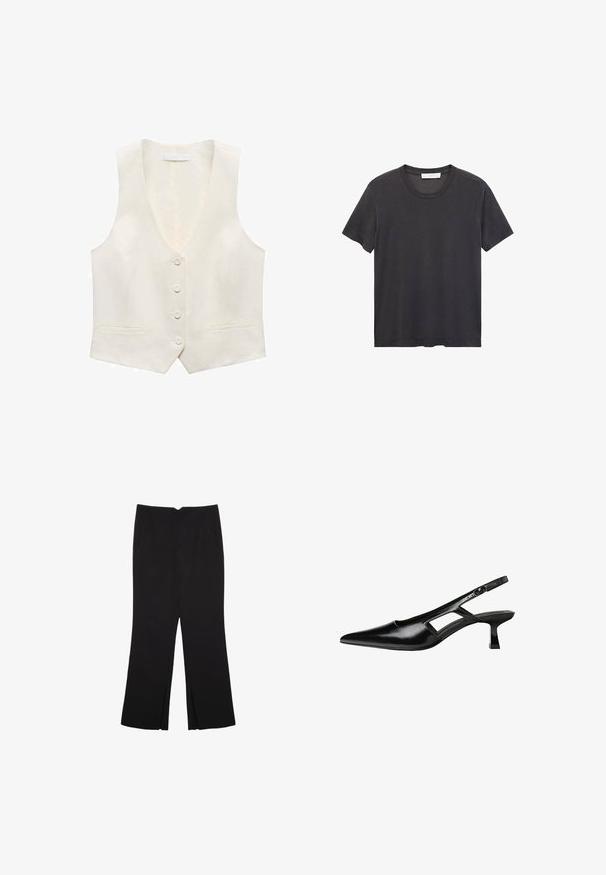 Cremfarbener ärmelloser Pullover aus strukturiertem Stoff, mit einem tiefen V-Ausschnitt, fünf Knöpfen auf der Vorderseite und zwei Fronttaschen.; Schwarzes Rundhals-T-Shirt aus weicher Baumwolle. Kurze Ärmel, lockere Passform und gerader Saum ohne Verzierungen oder Muster.; Schwarze Hose mit geradem Schnitt, ausgestattet mit Fronttaschen und Seitenschlitzen am Saum. Hergestellt aus weichem, glattem Stoff. Geeignet für verschiedene Anlässe.; Schwarze Lackleder-Slingback-High Heels mit spitzer Zehenform, ausgeschnittenem Seitendesign und kleinem Blockabsatz. Glatte Textur mit minimalen Akzenten.