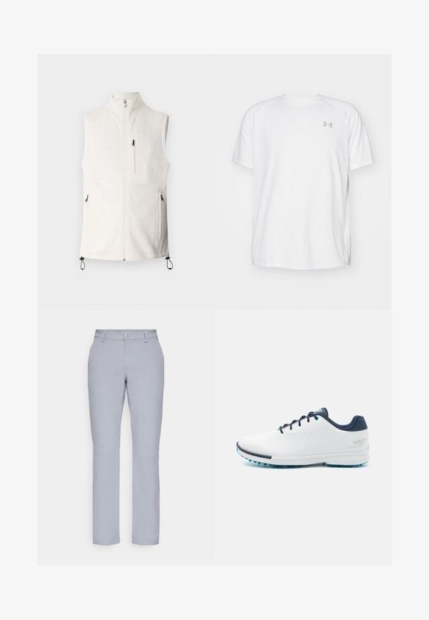 Ανοιχτό μπεζ χωρίς μανίκια γιλέκο με ψηλό γιακά, μπροστινό φερμουάρ και τσέπες με φερμουάρ. Διαθέτει ρυθμιζόμενα κορδόνια στο τελείωμα. Μαλακή υφή.; Λευκή αθλητική μπλούζα κοντού μανικιού από απαλό ύφασμα. Διαθέτει στρογγυλή λαιμόκοψη και γκρίζο λογότυπο στο αριστερό στήθος, με πλαϊνές σχισμές στο τελείωμα.; Ανοιχτό γκρι παντελόνι με ίσια γραμμή, κλείσιμο με κουμπί, μπροστινές τσέπες και απαλό, υφασμάτινο υλικό. Μινιμαλιστικός σχεδιασμός, χωρίς σχέδια.; Λευκά αθλητικά παπούτσια με λείο συνθετικό επάνω μέρος, μπλε λεπτομέρειες, υφασμάτινη ναυτική φτέρνα και ελαφρύ, επικαθισμένο πέλμα για πρόσφυση.