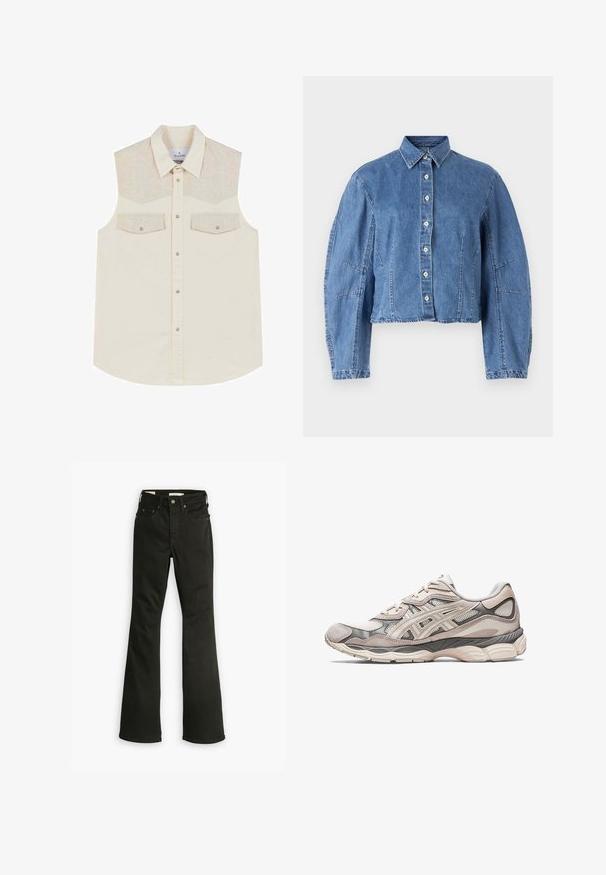 Sleeveless shirt in cream with a herringbone-patterned yoke, two chest pockets, and a button-down front, featuring a curved hemline.; Cropped denim jacket in light blue, featuring a button-up front, pointed collar, and puffed sleeves with side seams.; Black flared jeans made from denim. Features a classic five-pocket design with a zip fly, sturdy stitching, and a clean hem.; Light gray athletic shoe with a mesh and suede upper. Features a cushioned sole, pronounced overlays, and a structured design.