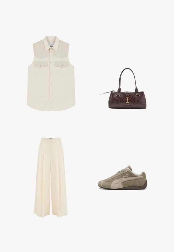 Beżowa koszulka bez rękawów z jodełkowym wykończeniem, dwiema kieszeniami na piersi oraz zapięciem na guziki, z delikatnie zaokrąglonym dołem.; Prosta, biała koszulka wykonana z bawełny, z okrągłym dekoltem, krótkimi rękawami i luźnym krojem. Gładka faktura, bez wzorów czy akcentów.; Spodnie o szerokich nogawkach w jasnym beżowym kolorze, z plisowanym przodem, wysokim stanem i gładką fakturą. Brak widocznych elementów metalowych lub wzorów.; Zamszowe sneakersy w jasnobrązowym kolorze z ciemniejszymi akcentami, charakteryzujące się niskim profilem, sznurowanym zapięciem oraz logiem marki z boku.; Ciemnobrązowa skórzana torebka z dwoma górnymi uchwytami, złotymi akcentami metalowymi, detalem z zatrzaskiem z przodu oraz wyszywanymi teksturami po bokach.
