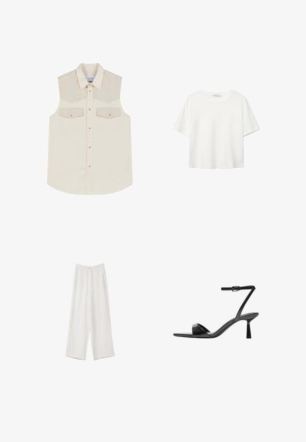 Ärmelloses Shirt in Creme mit einem Fischgrätenmuster an der Passe, zwei Brusttaschen und einer durchgehenden Knopfleiste, mit einem abgerundeten Saum.; Weißes T-Shirt mit kurzen Ärmeln aus Baumwolle. Hat einen Rundhalsausschnitt und eine lockere Passform. Glatte Textur ohne sichtbare Muster oder Akzente.; Weiße weit geschnittene Hose aus leichtem Stoff. Mit einem elastischen Bund und Kordelzug sowie Seitentaschen. Glatte Textur.; Bershka High Heel Sandalette - black
