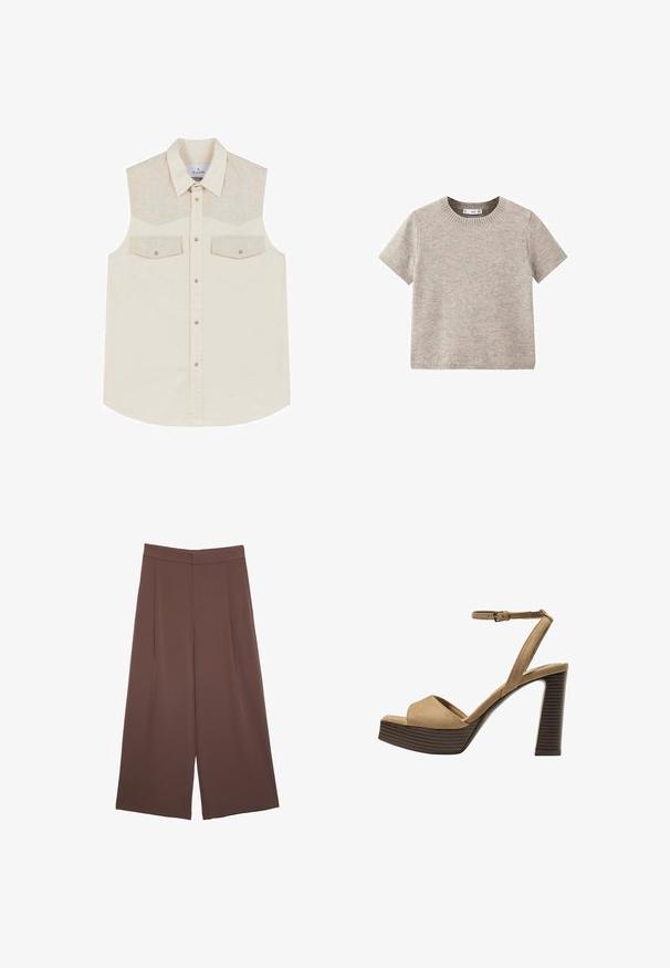 Mouwloos shirt in crème met een visgraatpatroon op de schouderstukken, twee borstzakken en een knoopsluiting aan de voorkant, met een afgeronde onderrand.; Beige trui met korte mouwen, gemaakt van zachte breisels. Heeft een ronde halslijn en ribgebreide zomen. Eenvoudig en minimalistisch ontwerp.; Bruine wijde broek met een gladde textuur, voorzien van een hoge taille en plooien aan de voorkant. De stof is lichtgewicht en valt losjes.; Beige suède hoge hakken sandalen met een brede voorband en enkelband, met een dikke houten blokhak met een gestructureerde afwerking.