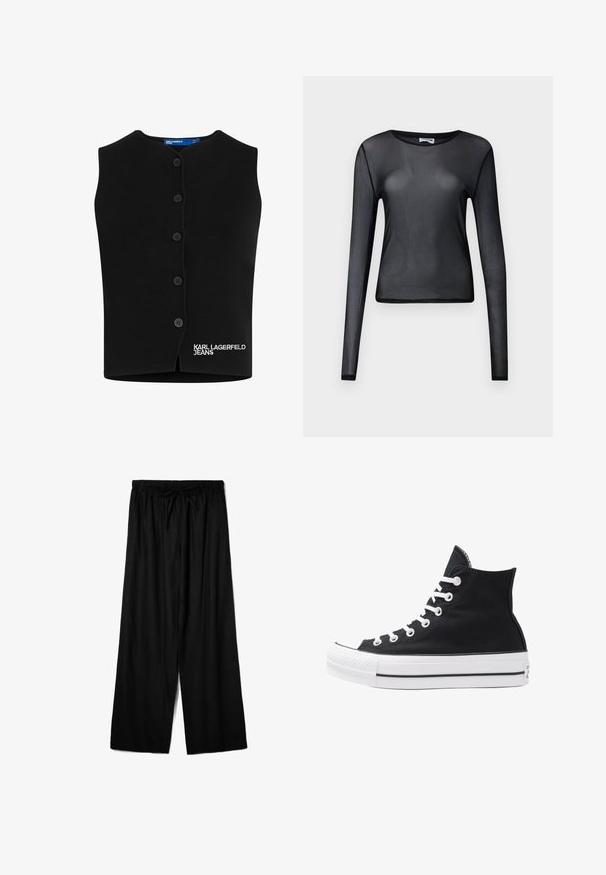 Črn pleten tank top z zaobljenim izrezom, s šestimi gumbi in izvezenim napisom "KARL LAGERFELD JEANS" v beli barvi na spodnjem levem delu.; Črna dolga rokavična majica iz prosojnega materiala, z okroglim izrezom in slim fit krojem, z natančno obrobljenimi robovi.; Črne široke hlače iz lahkega blaga, z elastičnim pasom in vrvico za prilagodljivo prileganje. Gladka tekstura.; Visoke črne platnene superge z belimi režami, vezalkami in gumijastim podplatom. Ponašajo se z teksturiranim zaščitnikom za prste in črno-belimi črtami.