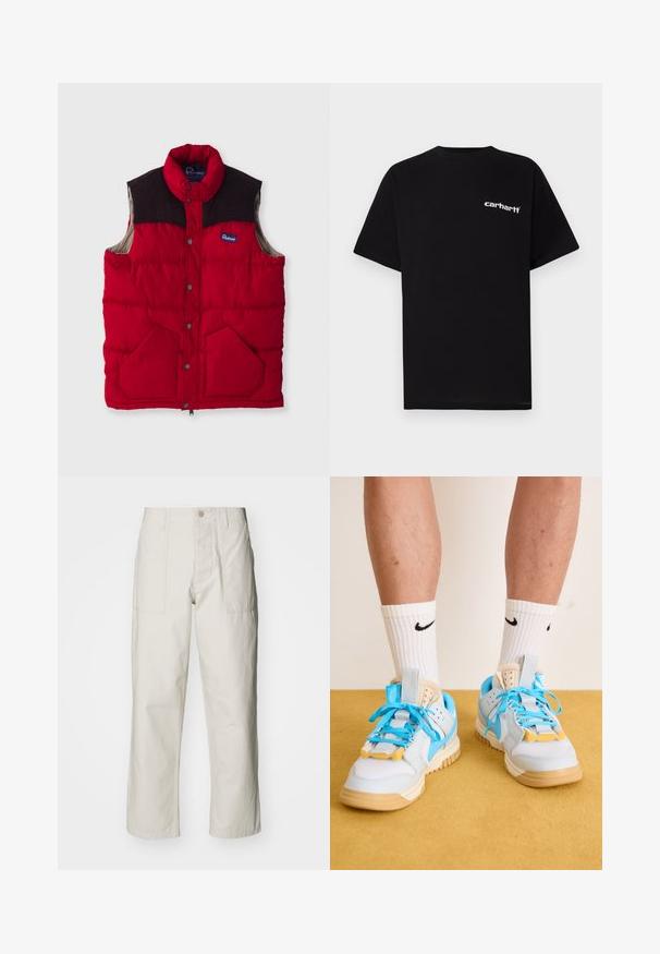 Rdeča podložena brezrokavnik z visokim ovratnikom, temno rjavima ramenskima paneloma, zadrgo na gumb in dvema sprednjima žepoma, z najlonskim zunanjim materialom in mehko podlogo.; Črna bombažna majica s kratkimi rokavi, okroglim izrezom in belim napisom "Carhartt" na levi prsni strani. Gladek tekstura, minimalističen dizajn.; Svetlo bež široke hlače iz bombaža. Imajo sprednje žepe in gumbasto zapiranje. Gladka tekstura z subtilnimi navpičnimi črtami.; Svetlo modri športni copati s bež podplati, ki se ponašajo z izrazitimi turkiznimi vezalkami in rumenimi poudarki. Teksturne materiale in vidno zračno blaženje.