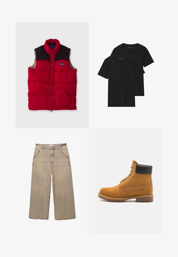 Vesta roșie căptușită, cu guler înalt, panouri laterale negre maronii, nasturi cu prindere rapidă și două buzunare frontale, având un exterior din nylon și o căptușeală moale.; Două tricouri negre din bumbac cu mâneci scurte, cu guler rotund și o textură netedă, expuse suprapuse.; PULL&BEAR MEGA BAGGY - Blugi largi - light grey; Cizmă de gleznă din întoarsă de culoare bej, cu guler negru căptușit, ochiuri din metal auriu, detalii de cusătură albă și talpă din cauciuc robustă, cu un model pronunțat.