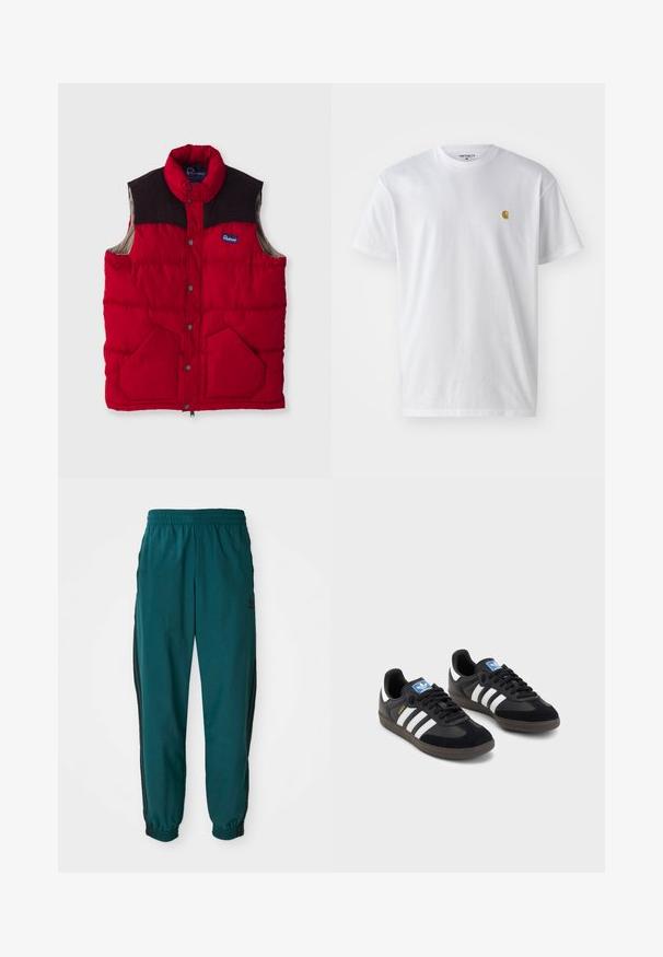 Colete acolchoado vermelho com gola alta, painéis de ombro castanho-escuro, botões de pressão e dois bolsos frontais, apresentando um exterior em nylon e forro suave.; T-shirt branca de algodão com mangas curtas, decote redondo, apresentando um pequeno logótipo dourado na área do peito esquerdo. Textura macia e ajuste regular.; Calças de treino em teal com cintura ajustável por cordão, punhos elásticos e riscas pretas laterais. Fabricadas em tecido leve, apresentam um logótipo perto do quadril.; Sneakers pretos com parte superior em camurça e sintético, apresentando três riscas brancas, sola de borracha texturizada e etiqueta azul no linguete.