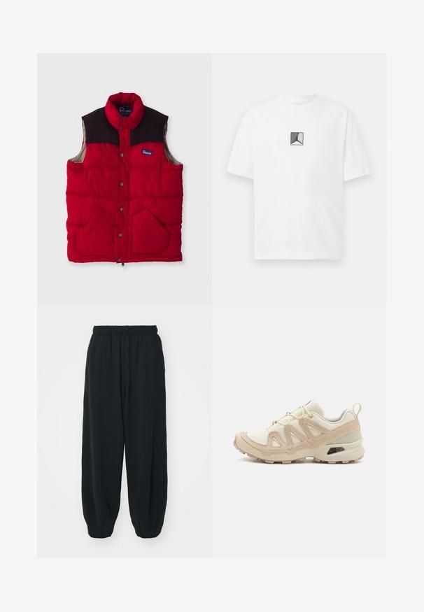 Rød polstret vest med høy krage, mørkebrune skulderpaneler, trykknapper og to frontlommer, med nylon ytterstoff og myk fôr.; Hvit bomull t-skjorte med et sentralt svart og grått logografikk. Klassisk rund hals og korte ermer med en avslappet passform.; Sorte, joggebukser med elastisk liv, løs passform, mansjetter på ankler, glatt tekstur og uten synlige mønstre eller hardware-detaljer.; Beige og krem joggesko med teksturert mesh-overdel, støttende overlegg og gummisåle med et mønster for godt grep.
