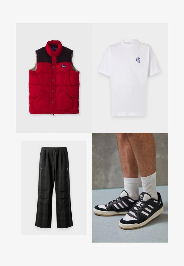 Sarkans polsterēts veste ar augstu apkakli, tumši brūniem plecu paneļiem, snap pogām un divām priekšējām kabatām, ar neilona ārpusi un mīkstu oderi.; Balts kokvilnas T-krekls ar īsām piedurknēm, apaļu kakla izgriezumu un nelielu izšūtu zilu "C" logotipu kreisajā krūšu daļā.; Melnas kvadrātveida bikses ar elastīgu jostu, divām priekšējām kabatām un brīvu piegriezumu ar taisnām kājām. Izgatavotas no viegla materiāla.; Melnas un baltas kedas ar zamša un ādas augšdaļu, kas aprīkotas ar trim baltām svītrām, perforētu purngali un gumijas zolēm.