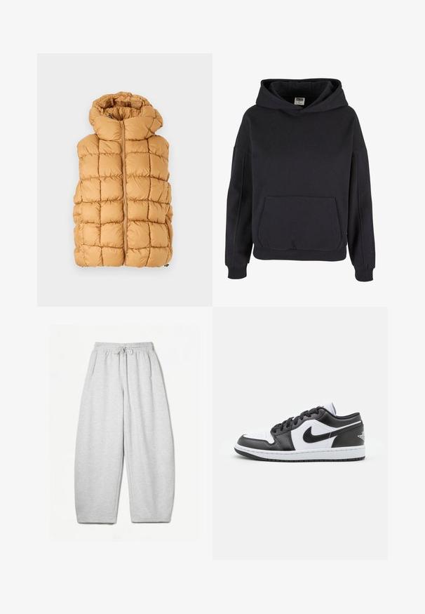 Pufferväst i senapsgul, med en kviltad design med stora rutor, hög krage och framzip. Texturerad tyg.; Svart bomullshuva med en rymlig känguruficka, stor huva, ribbade ärmslut och nederkant. Enkel, huvtröja design utan synliga mönster.; Ljusgrå sweatpants med avslappnad passform, elastiskt midjeband, dragsko och sidofickor; tillverkade av mjukt, texturerat tyg.; Svarta och vita Nike låga sneakers har en slät läderöverdel, rund tå, snörning och en mönstrad gummisula.